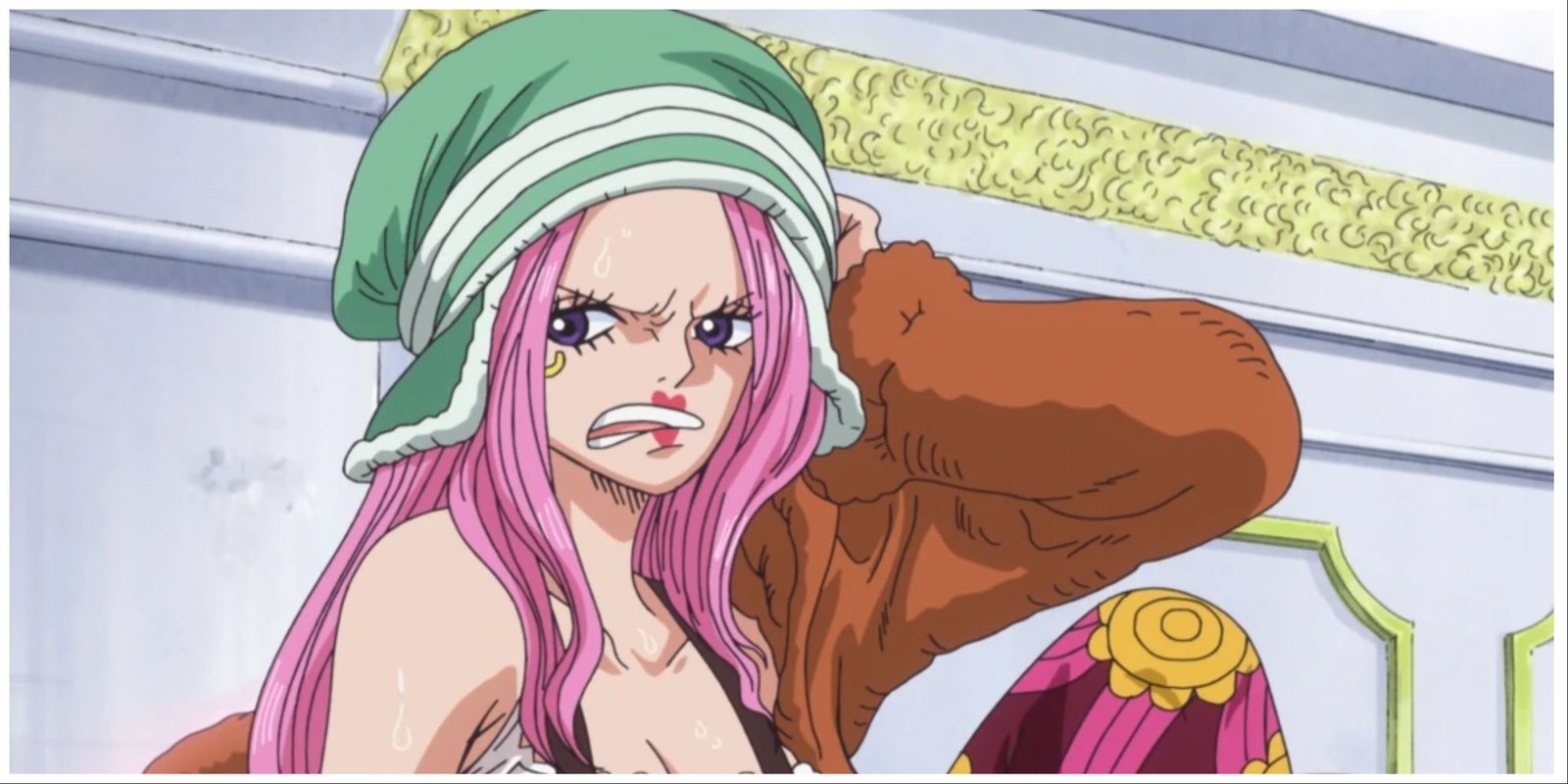 Jewelry Bonney from One Piece, clutching her hat to her head.