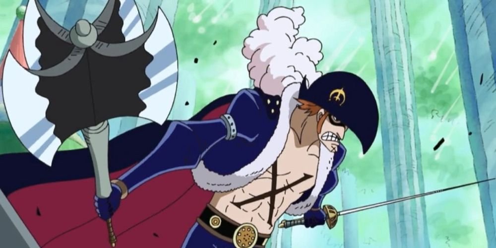 X Drake from One Piece wielding his axe and saber