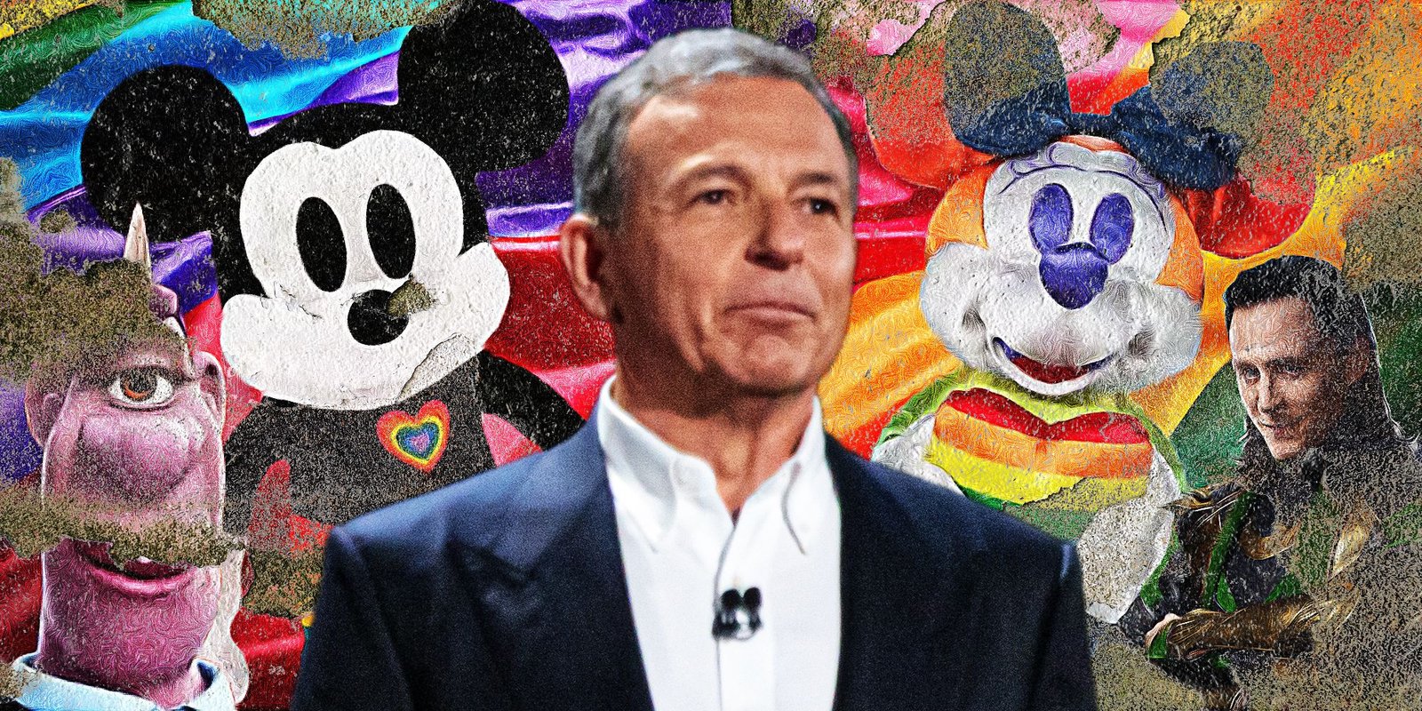 Best Supporting Actor Is The Race To Watch At The Oscars 4 Bob Iger surrounded by LGBTQ Disney symbols