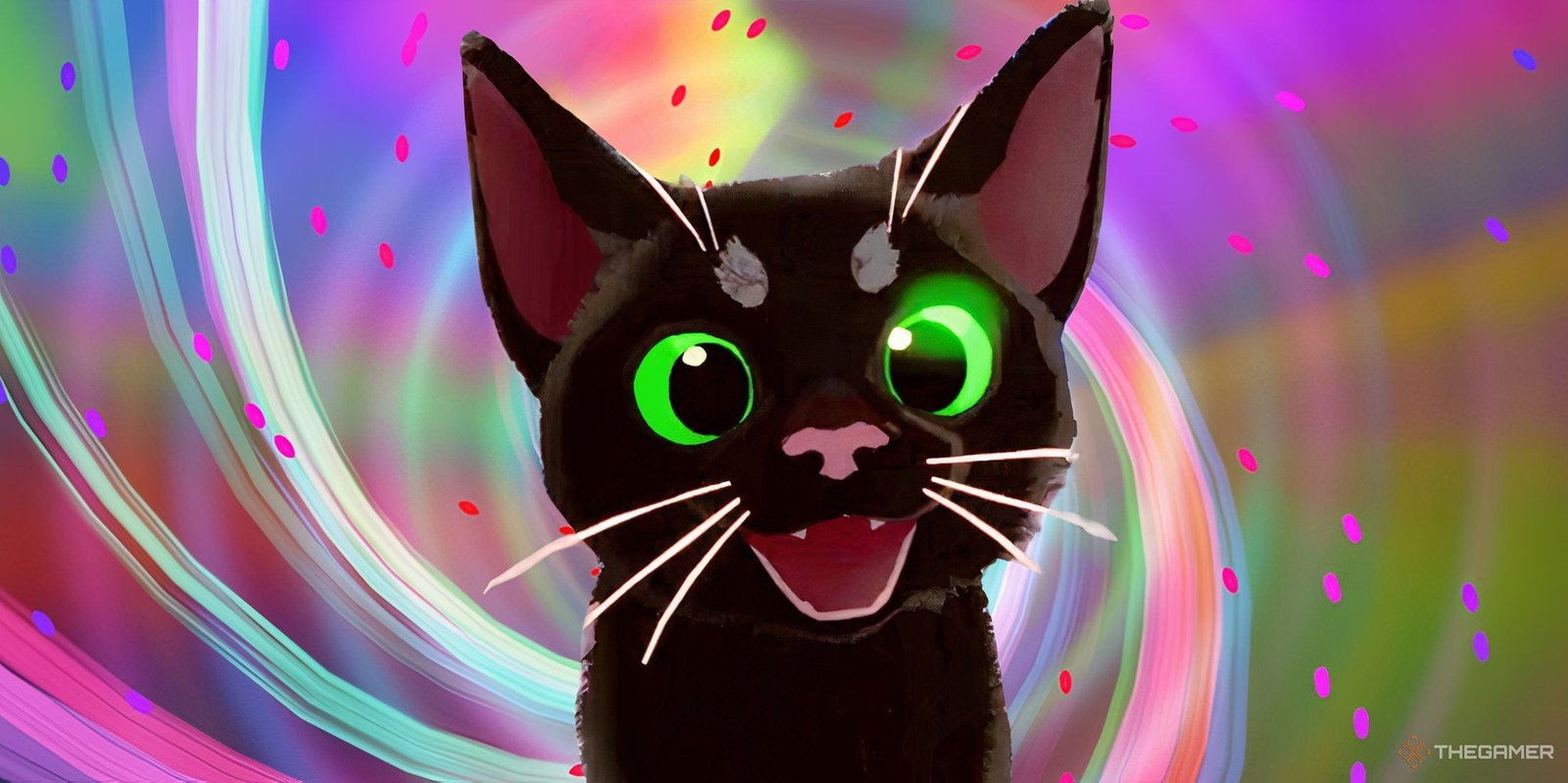 Game Of The Year Editor’s Pick, 2024 4 Little Kitty, Big City's kitty smiling in front of a colorful, swirly backdrop.