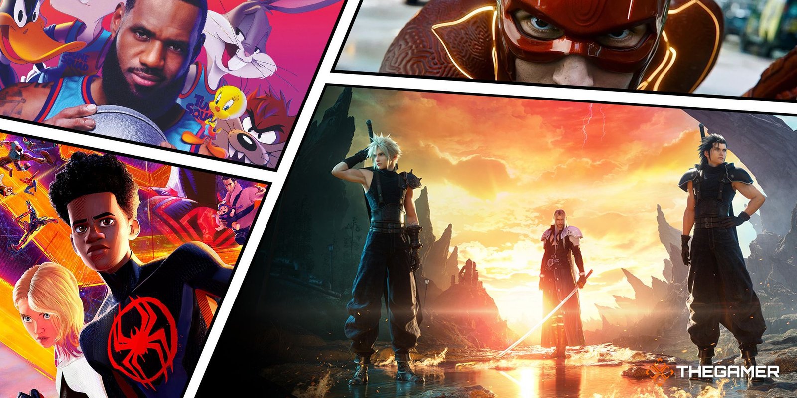 The Fallout Trailer Is Another Reminder That Everything On Streaming Looks The Same 2 Split image with Space Jam: A New Legacy in the top left, The Flash in the top right, Spider-Man: Across the Spider-Verse in the bottom left, and Final Fantasy 7 Rebirth in the bottom right