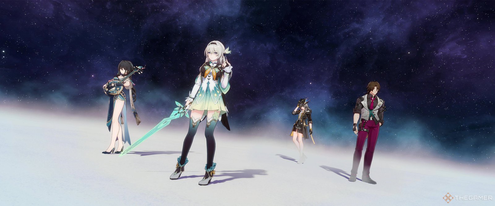 Ruan Mei, Firefly, the Trailblazer, and Gallagher in a team in Honkai: Star Rail.