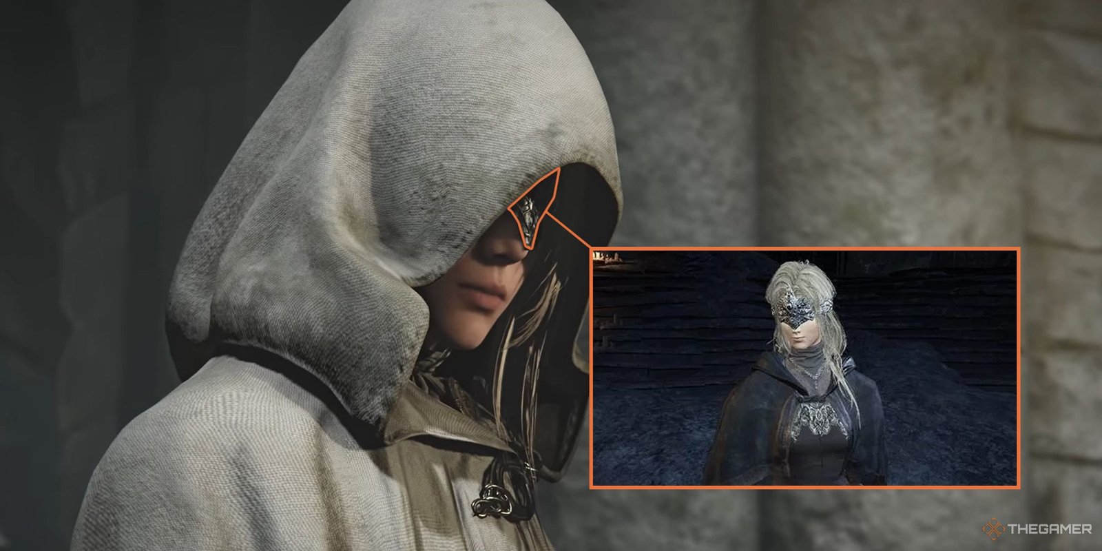 Elden Ring Nightreign NPC wearing a hood with a part of their ornate mask highlighted in orange, next to an image of the Firekeeper from Dark Souls 3 in Firelink Shrine.