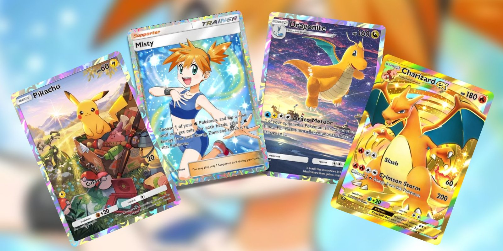 Pokemon TCG Pocket's Coin Flip Problem Can't Be Easily Fixed 3 Four cards in succession; full art promo Pikachu, full art Misty, full art Dragonite, and crown rare Charizard ex in Pokemon TCG Pocket.