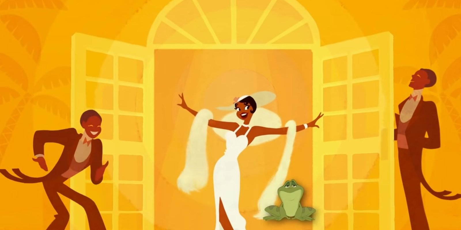 Princess Tiana in a nice white dress and accessories opening a door being greeted by butlers while singing "Almost There."