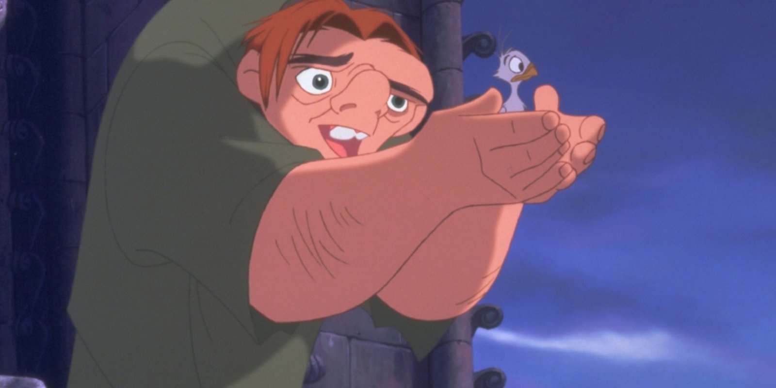 Quasimodo from The Hunchback of Notre Dame with a bird in hand