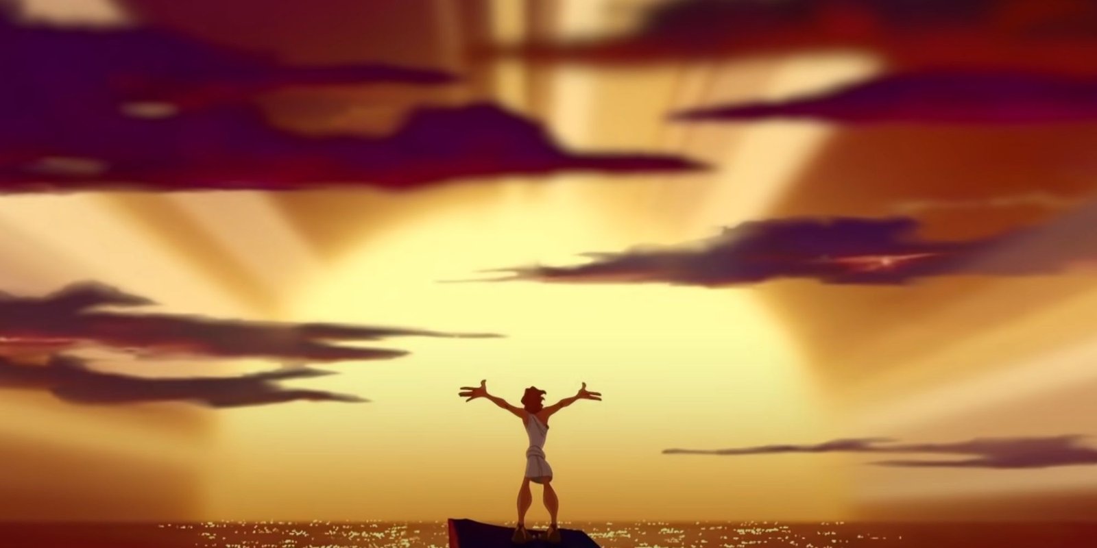 Hercules raising his arms to the sky as the sun is setting standing at the edge of a peak facing the sea, singing 'Go the Distance.'