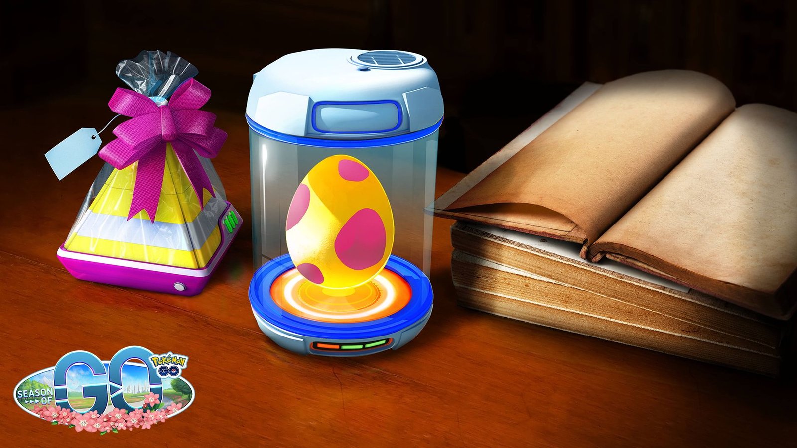 Pokemon Go’s Into The Wild Event Costs Over $300 All-In 4 A Gift from Pokemon Go on a table next to an Egg in an Incubator and an open book.