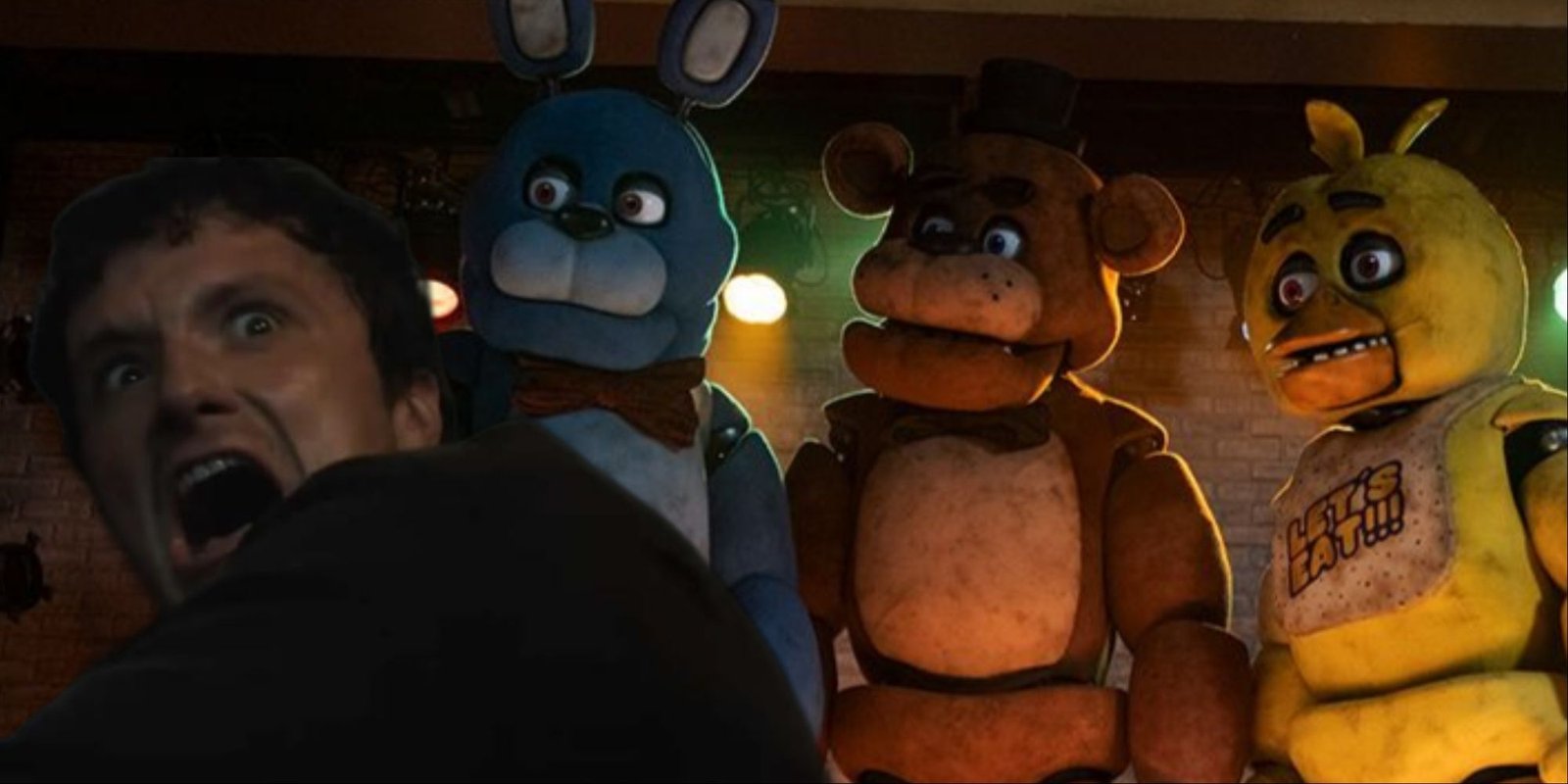 What To Watch After The FNAF Movie 9 Bonnie, Freddy, and Chica looking toward a visibly scared and screaming Josh Hutcherson, edited into the corner of the image.