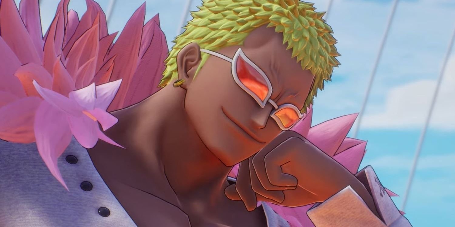 Doflamingo in One Piece Odyssey posing with signature sunglasses