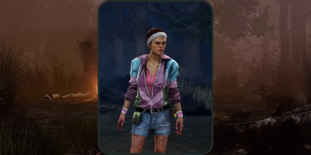 Meg Thomas wears a neon, 80s, outfit made of a bright jacket, shorts, and headband.
