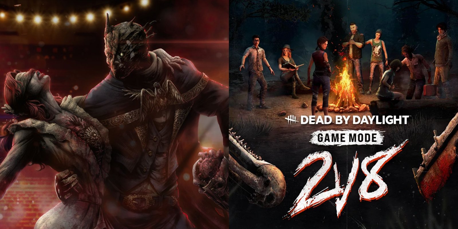 The Best Survivor Skins In Dead By Daylight 5 Left: Wraith and Nurse in a Tango, Right: Two Killers' weapons flank the 2v8 logo as Survivors look in around a campfire
