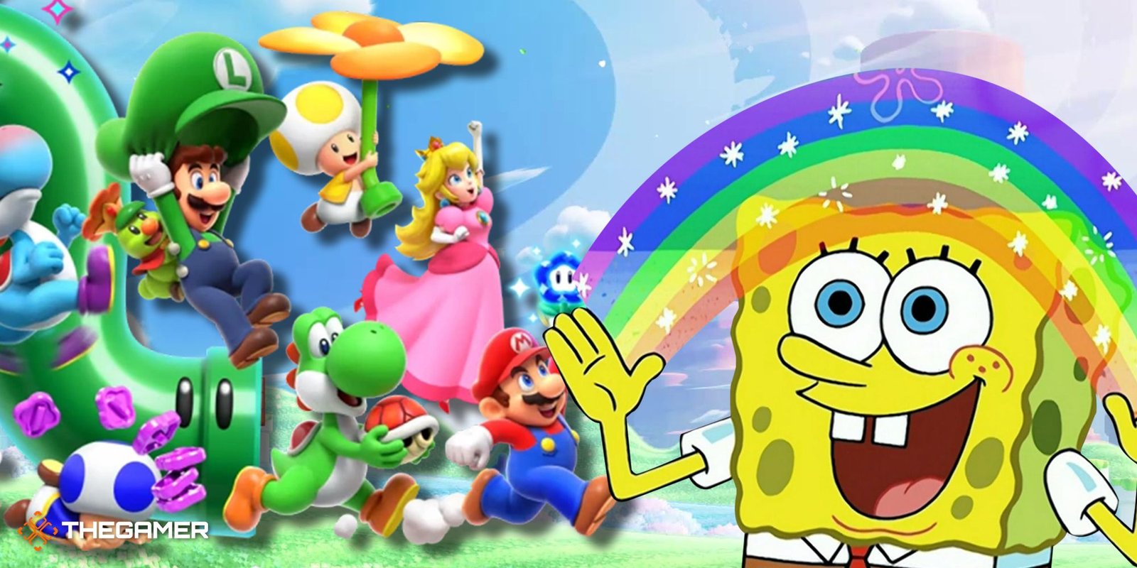 First Look At Shadow In Sonic 3 Revealed 1 The gang from Super Mario Bros. Wonder running into Spongebob doing the rainbow in his hands