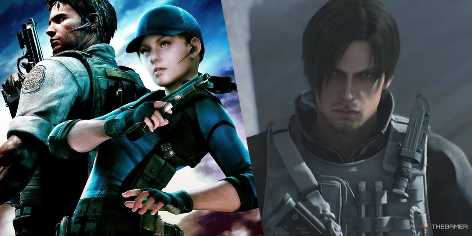 Resident Evil 5 Lost in Nightmare Chris Redfield and Jill Valentine posing next to Leon Kennedy from the CGI movie Resident Evil Damnation.