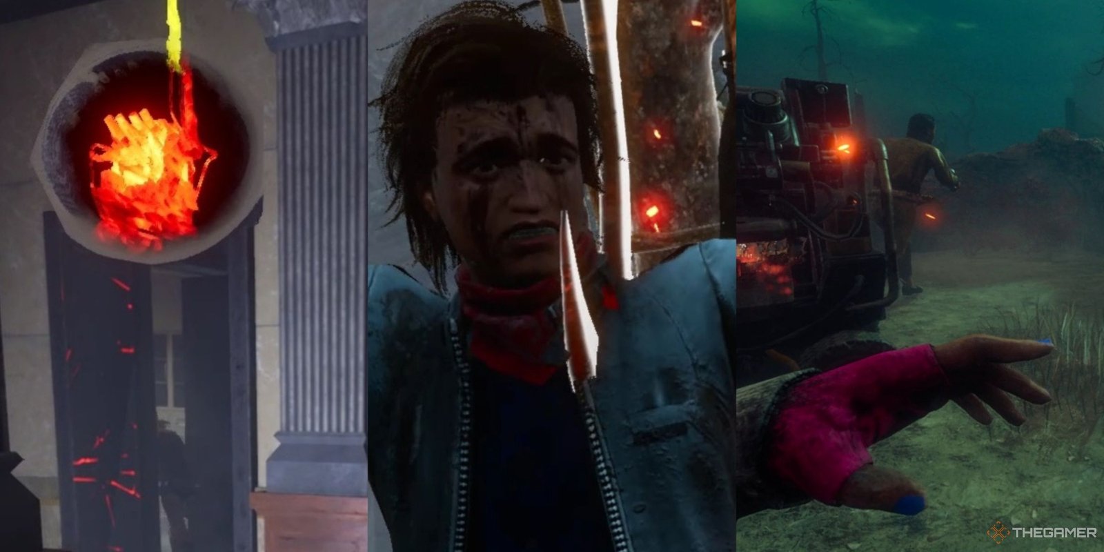 The Best Survivor Skins In Dead By Daylight 1 An explosion bubble over a yellow generator, Steve from Stranger Things getting thrown on a hook, the Legion's pink-gloved hand and a sparking generator while Nicolas Cage runs away in Dead by Daylight.