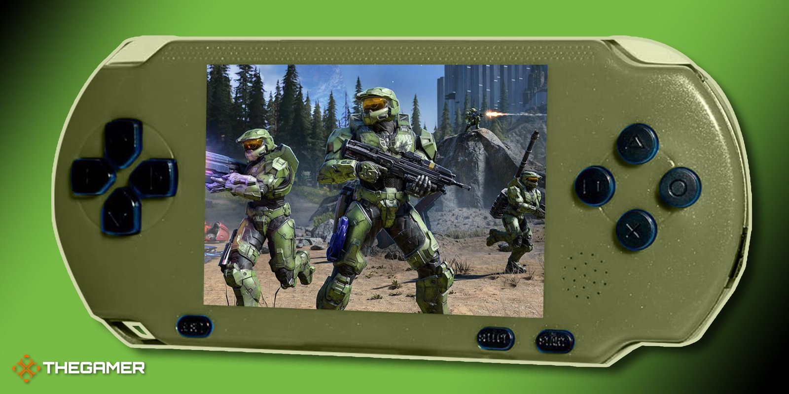 Xbox Handheld Is In The Works 1 An army green handheld console displaying Halo