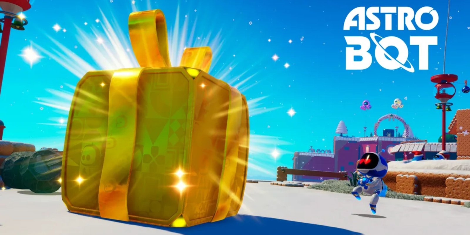 astro bot looking at a big gold present.