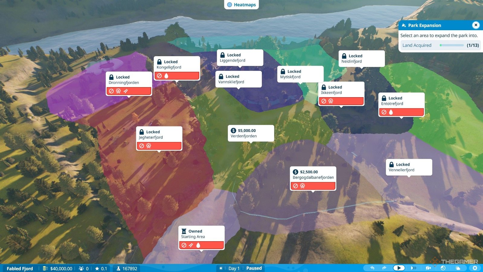 The player buys two plots of land for Fabled Fjord scenario in Planet Coaster 2.