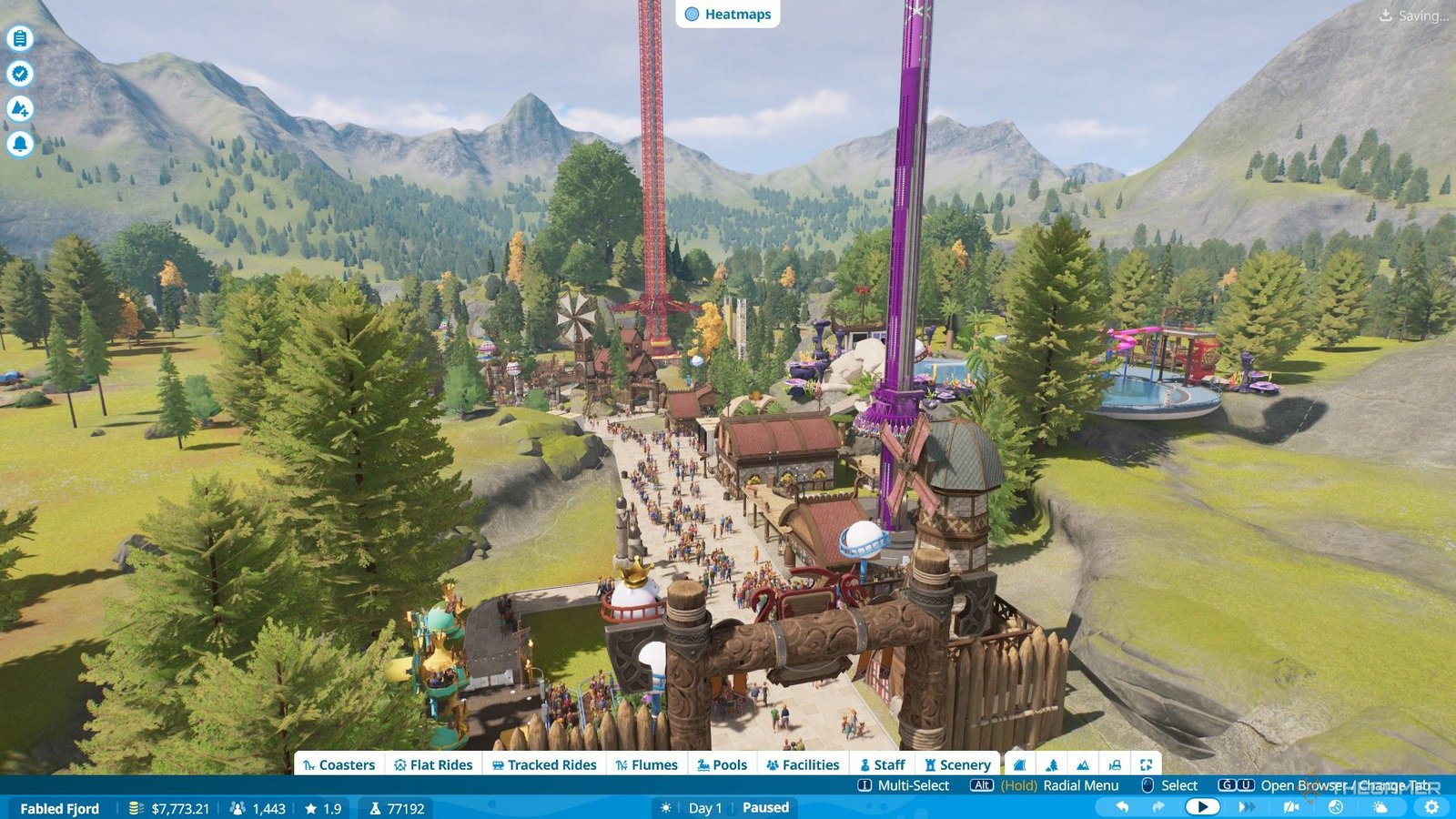 The player decorates the park with Viking theme for Fabled Fjord scenario in Planet Coaster 2.