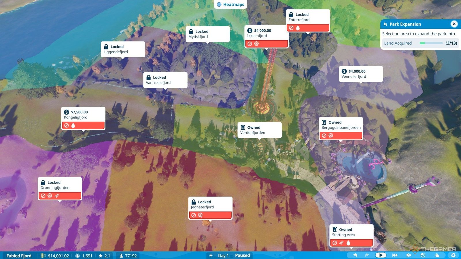 The player prepares to have total of five lands in Fabled Fjord scenario in Planet Coaster 2.