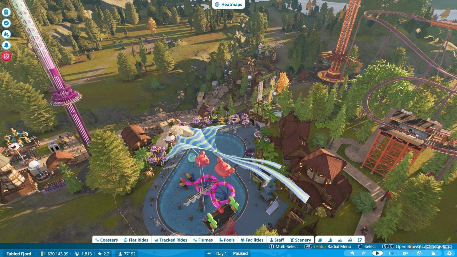The player adds a coaster and increased number of flat rides to his new park for Fabled Fjord scenario in Planet Coaster 2.