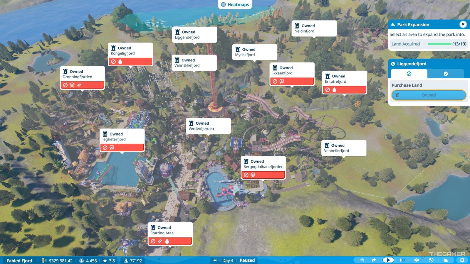 The player builds all available lands in Fabled Fjord scenario in Planet Coaster 2.