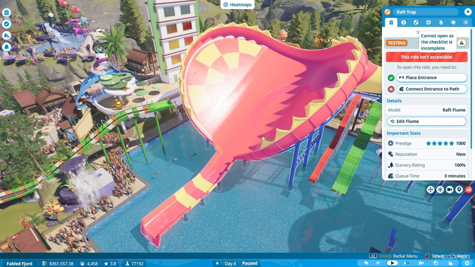 The player builds a raft trap flume in a large pool in Planet Coaster 2.