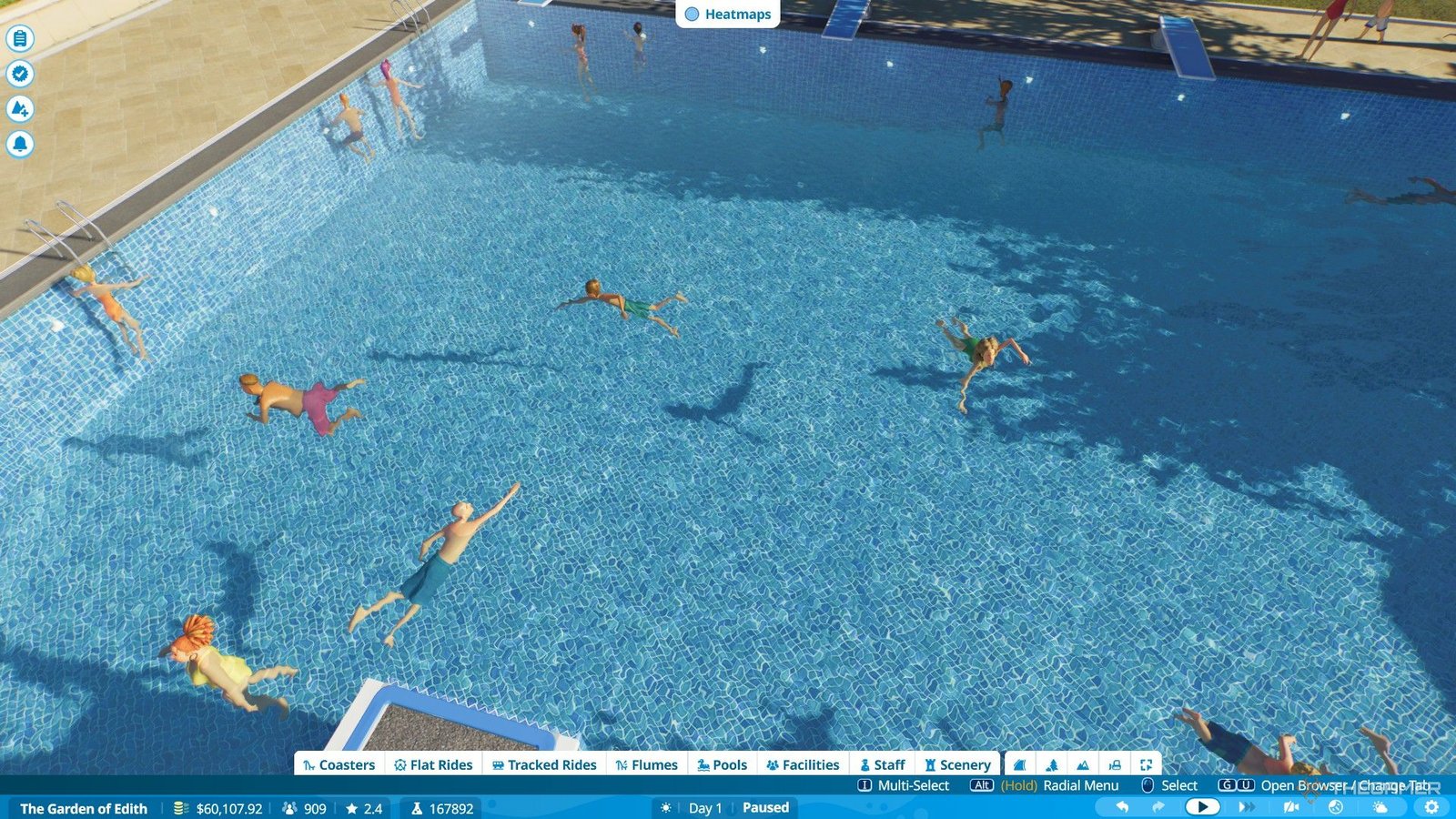 The player builds a pool to complete bronze objectives for Garden of Edith scenario in Planet Coaster 2.