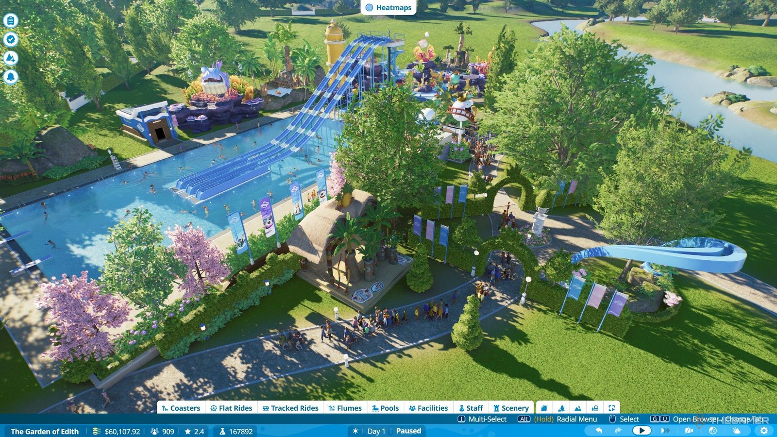 The player decorates the park and aims to reach two scenery rating in Planet Coaster 2.