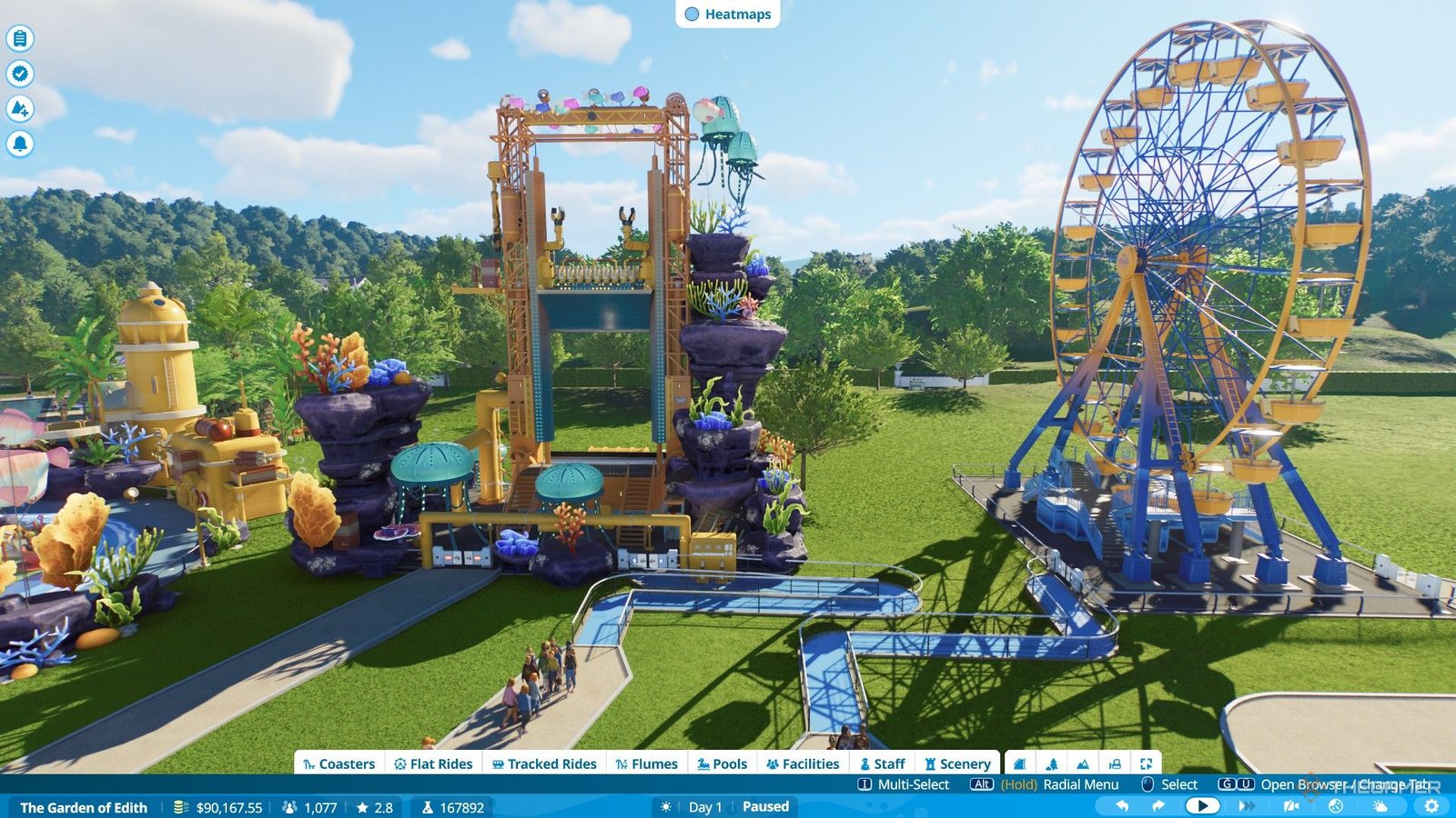 The player builds two new flat rides inside Edith's garden in Planet Coaster 2.