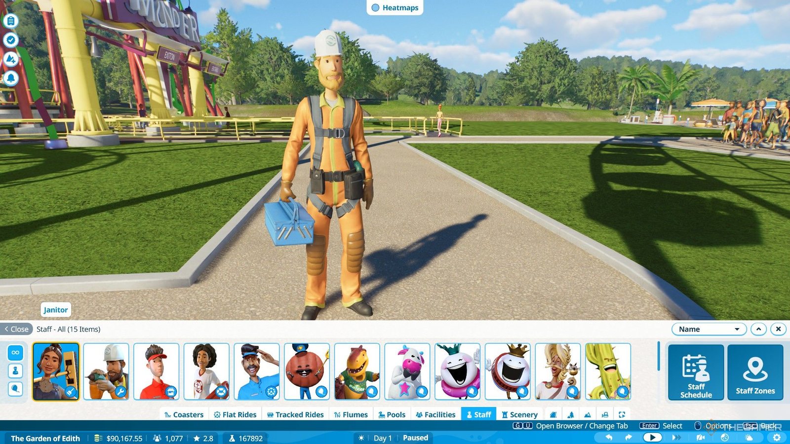 The player hires one enginner at Edith's Garden in Planet Coaster 2.