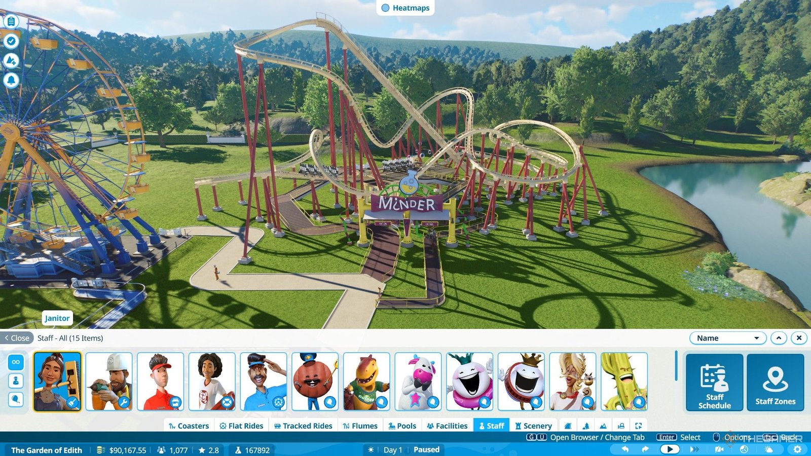 The player builds a coaster named Minder inside Edith's Garden in Planet Coaster 2.