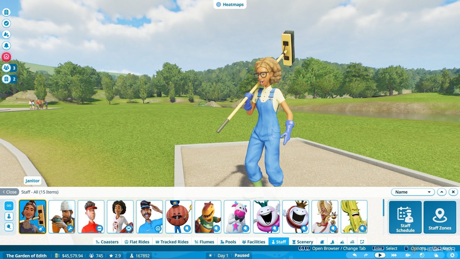 The player hires a janitor inside Edith's Garden in Planet Coaster 2.