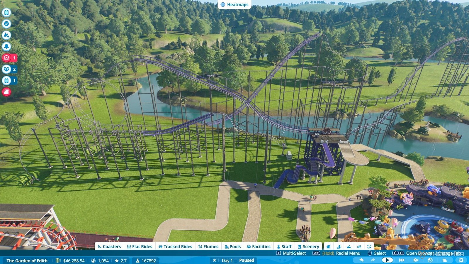 The player builds a coaster with 1,000 meters long inside Edith's Garden in Planet Coaster 2.