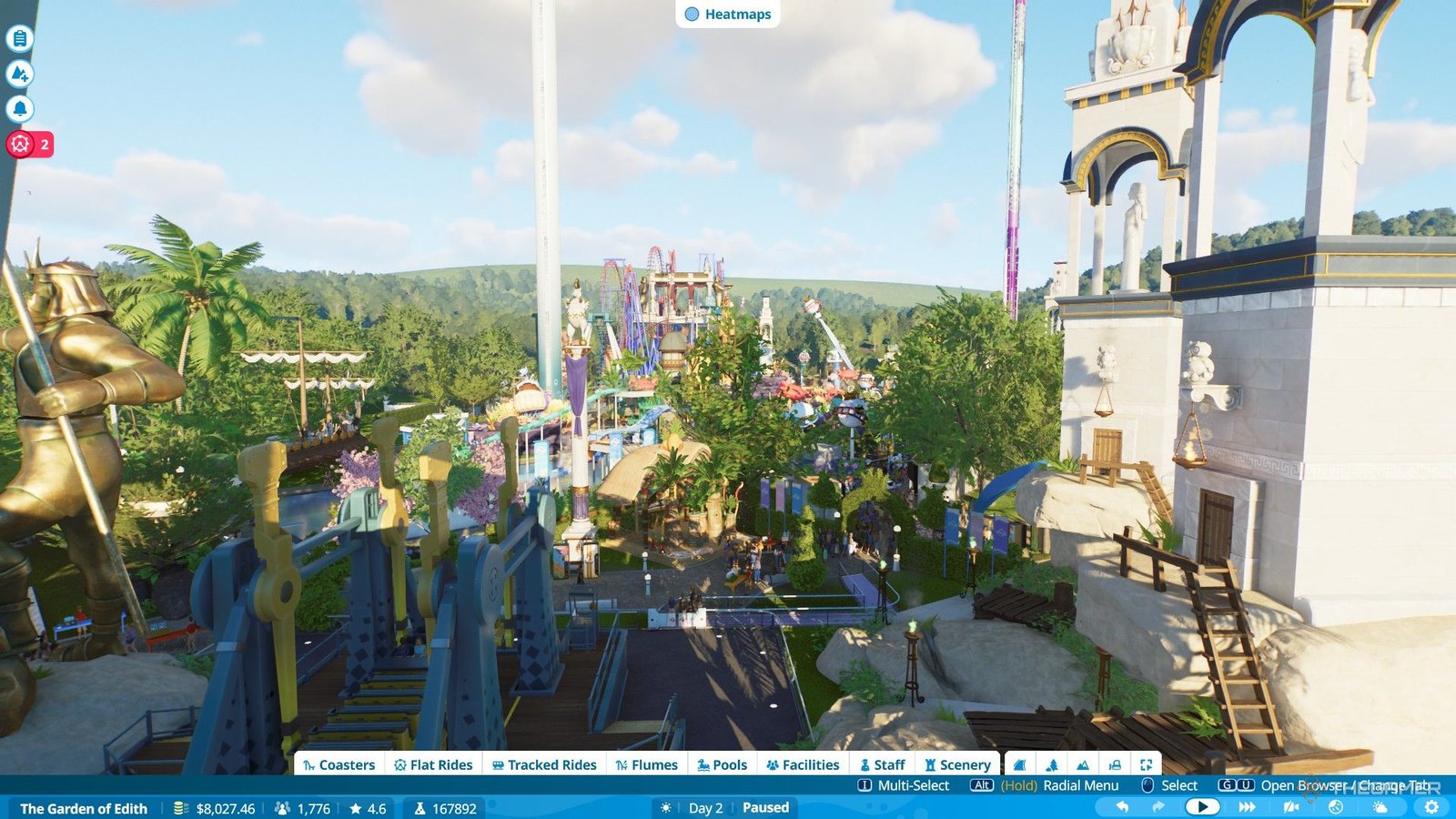 The player builds various mythological and aquatic sceneries to increase park rating in Planet Coaster 2.