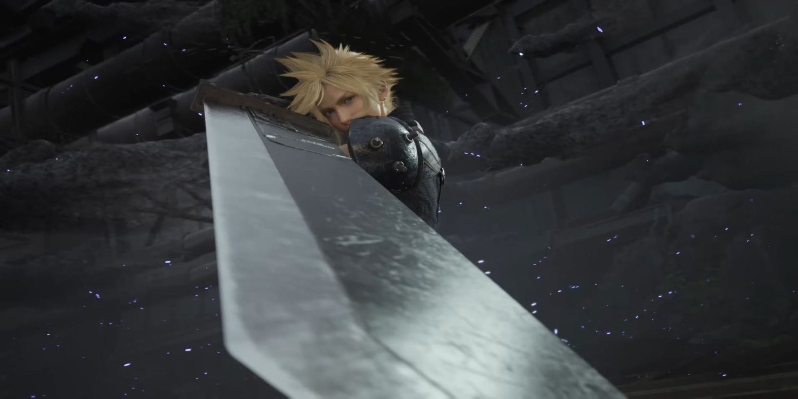 A low-angle view of Cloud Strife with the Buster Sword pointed at the camera in Final Fantasy 7 Rebirth.