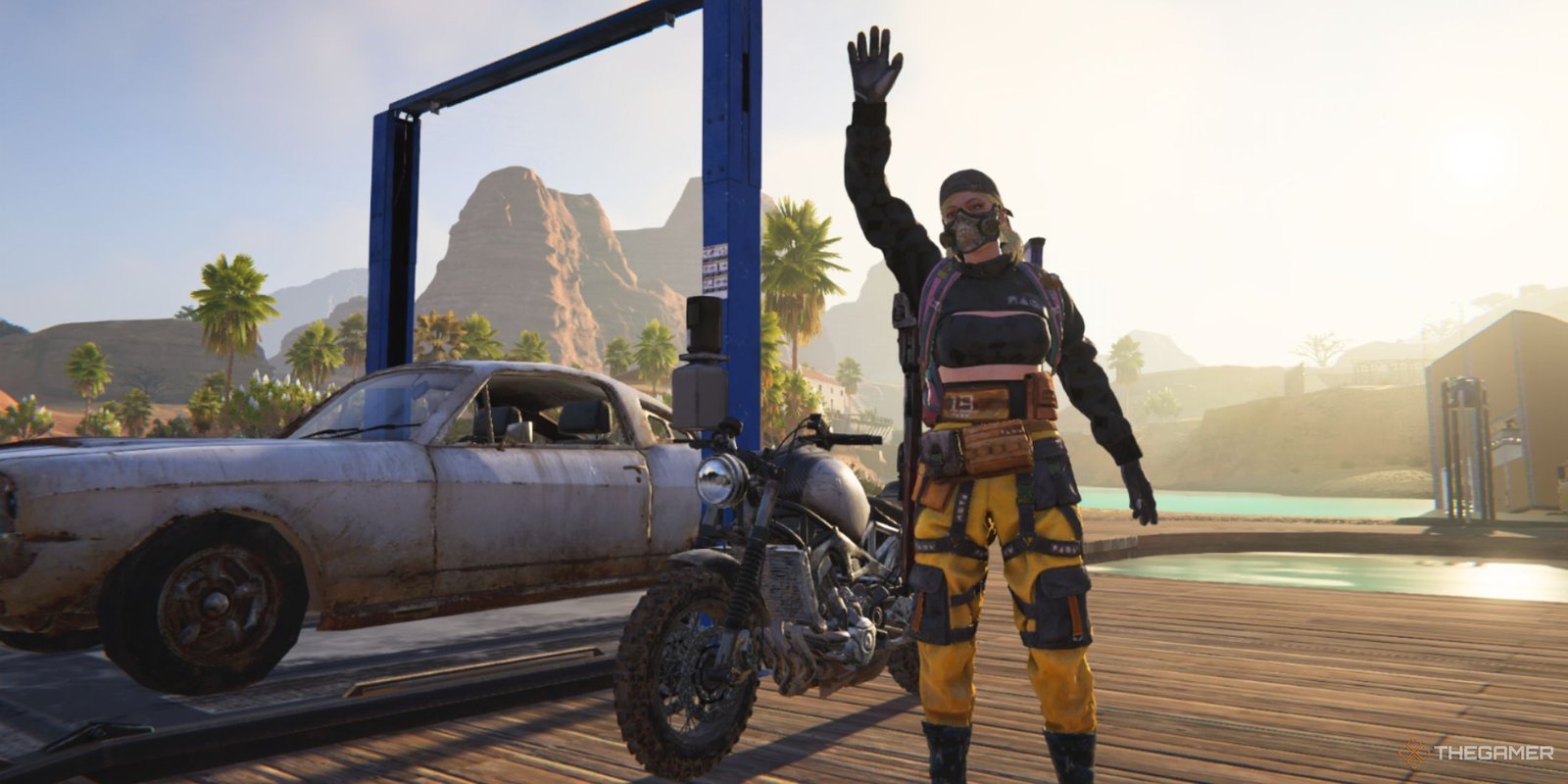 A player in Once Human waving next to two vehicles.