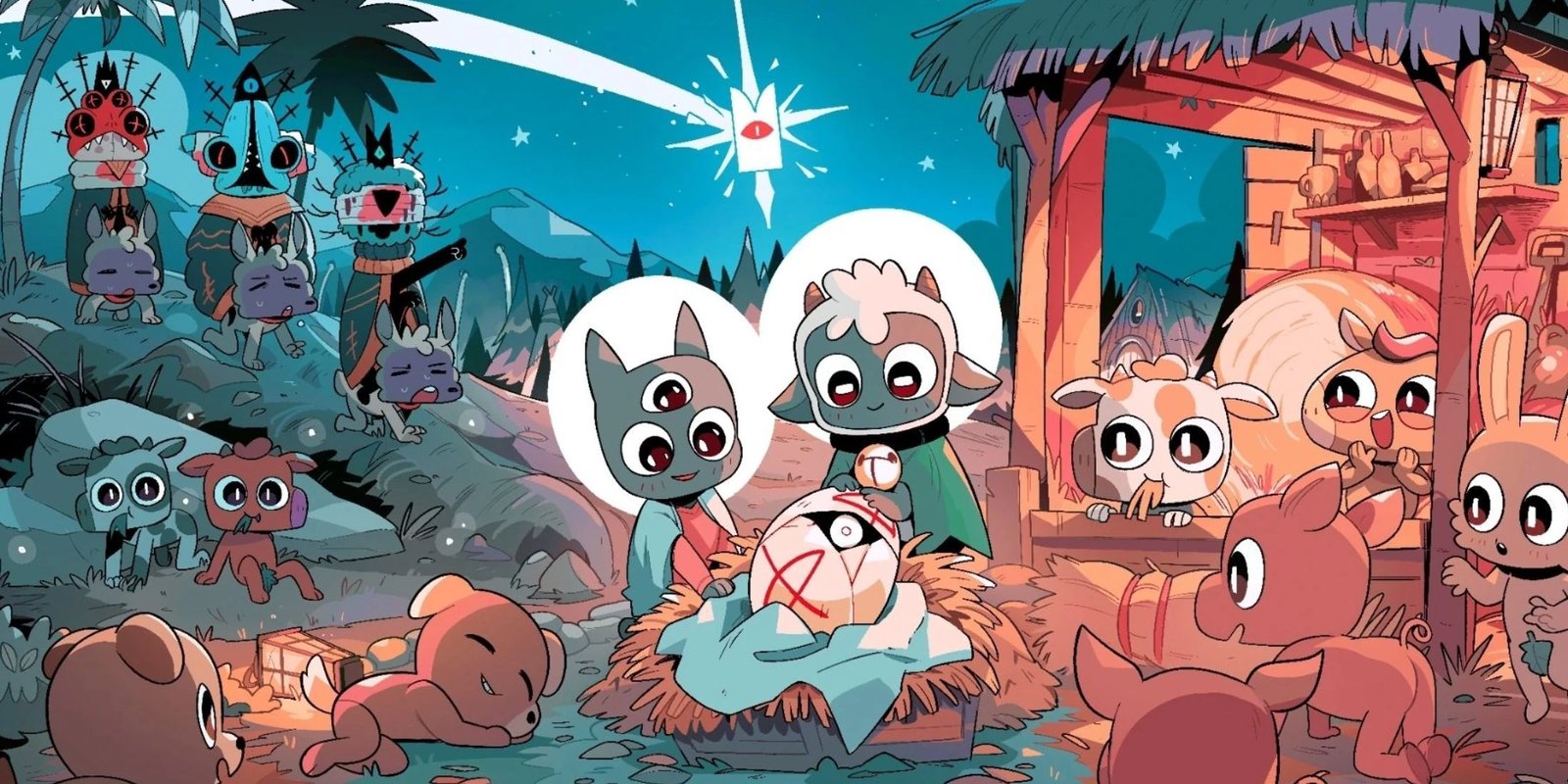 Key art from the game Cult of the Lambs, featuring a lamb and a child lamb - surrounded by other animals.