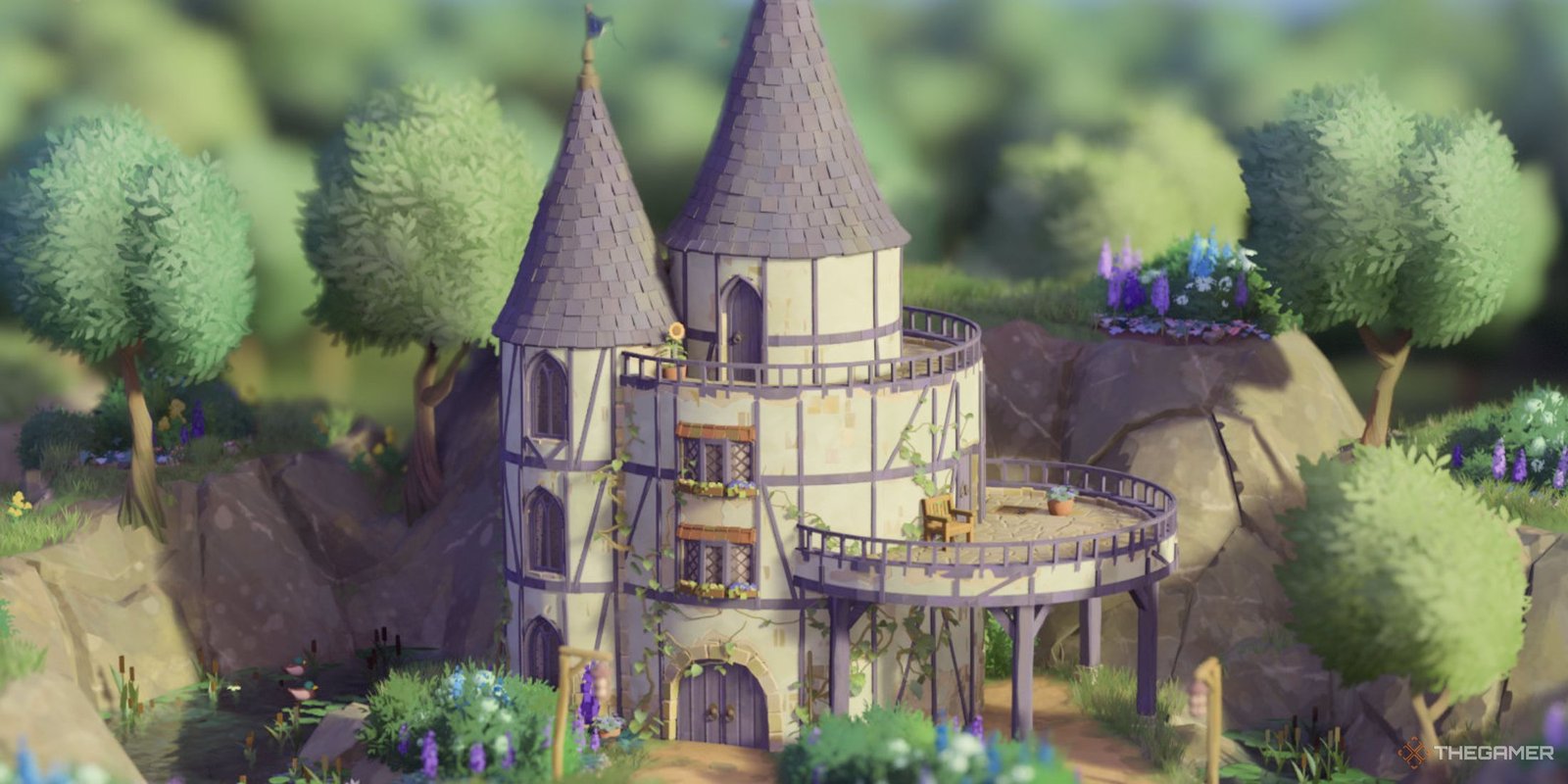 A screenshot of a building from Tiny Glade with a balcony. 