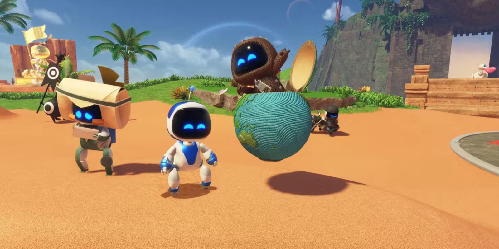 a waving sackboy bot on the astro bot crash site.