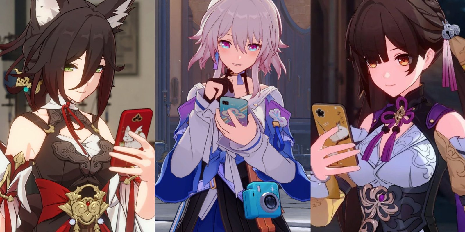 The Age, Height, Path And Element Of All Honkai: Star Rail's Playable Characters 3 (From left to right) Tingyun, March 7th, and Sushang looking at their phones in Honkai: Star Rail