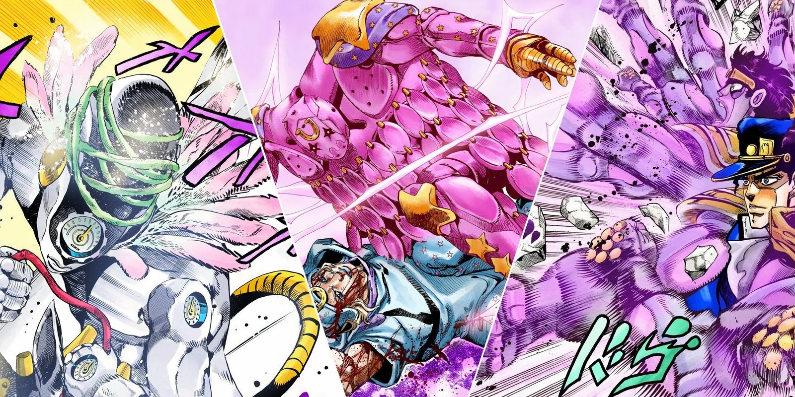 The Best Joestar In JoJo's Bizarre Adventure 9 A collage showing three different stands in JoJo's Bizarre Adventure: Made in Heaven, Tusk Act IV, and Star Platinum.
