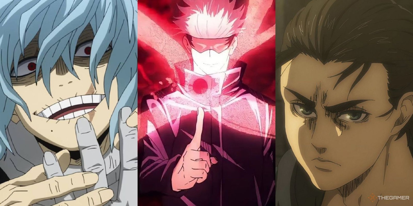 The Best Joestar In JoJo's Bizarre Adventure 12 A collage showing the faces of Shigaraki from My Hero Academia, Gojo from Jujutsu Kaisen, and Eren from Attack on Titan.
