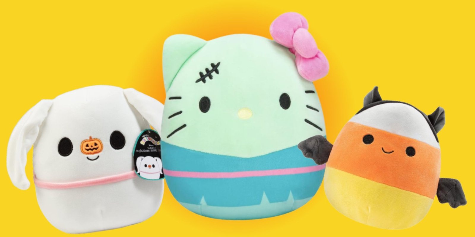 Best Halloween Movies On Amazon Prime Video 9 Zero, Franken Kitty, and Delie The Bat Squishmallows on an orange background