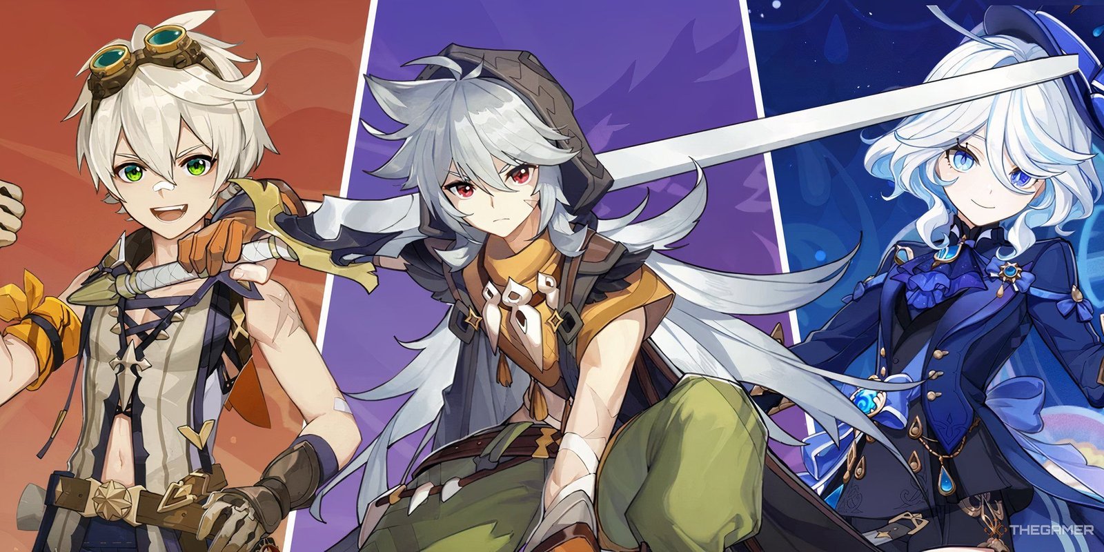 Best Characters For An Overload Team In Genshin Impact 4 Bennett, Razor, and Furina from Genshin Impact in front of their namecards.