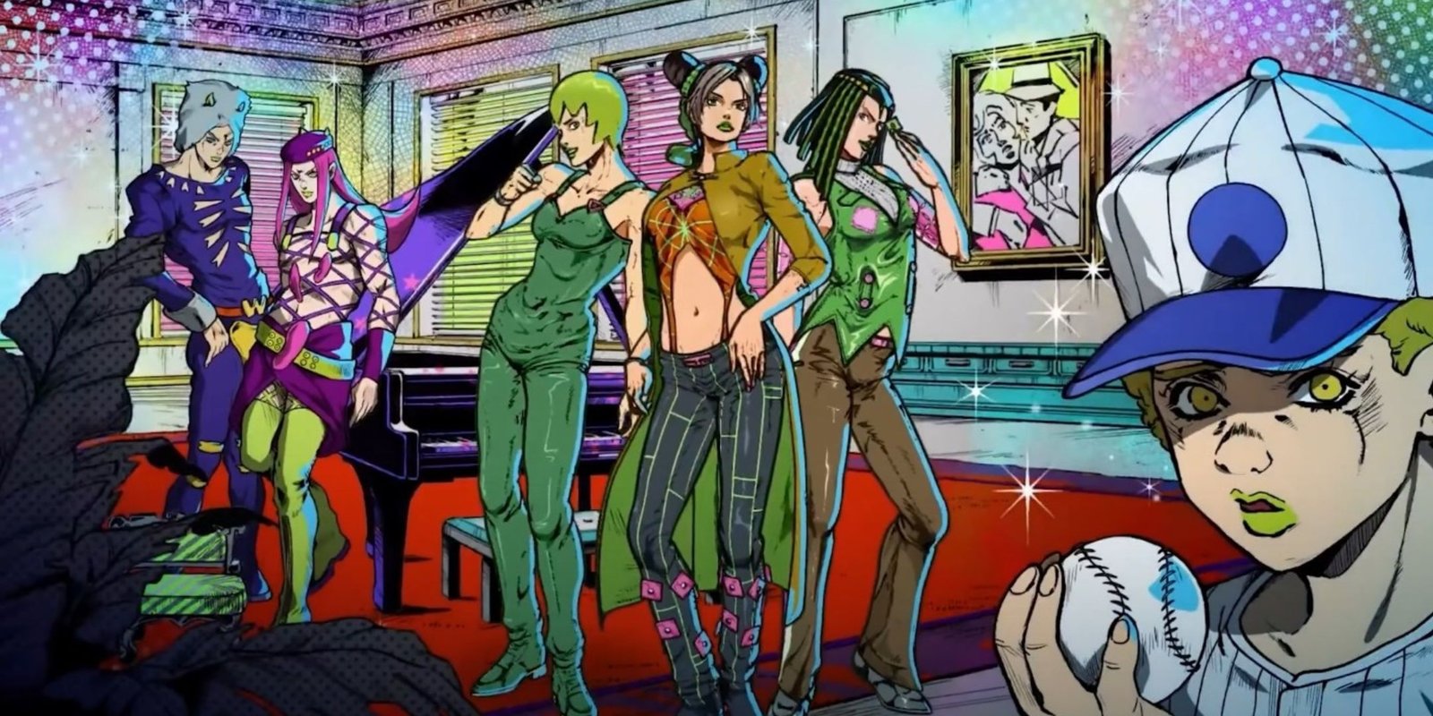 A shot from the intro of Jojo's Bizarre Adventure: Stone Ocean featuring Jolyne and her allies from the green dolphin prison.