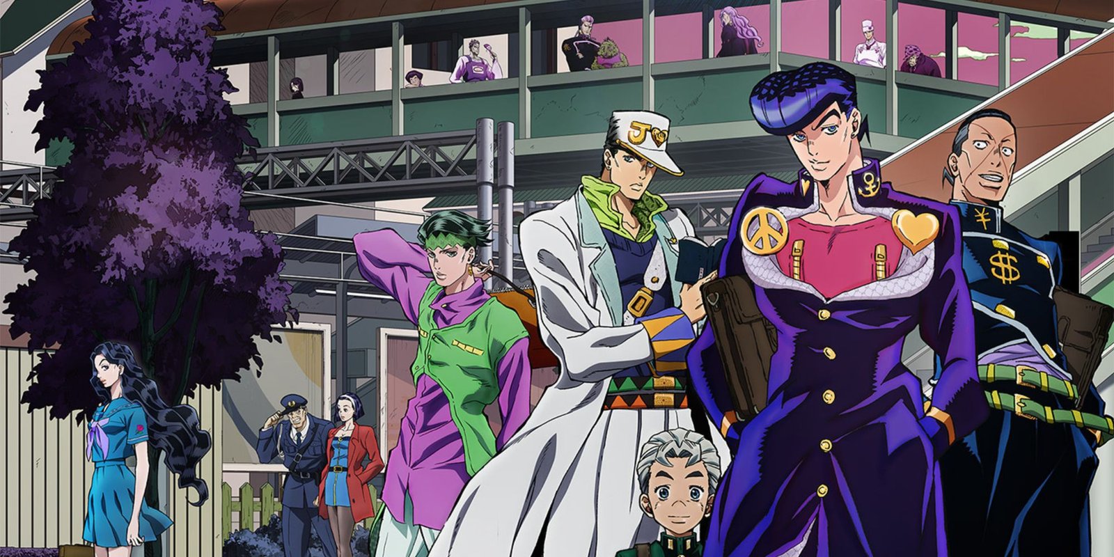 A collage of characters from JoJo's Bizarre Adventure standing in a town, in front of a building.