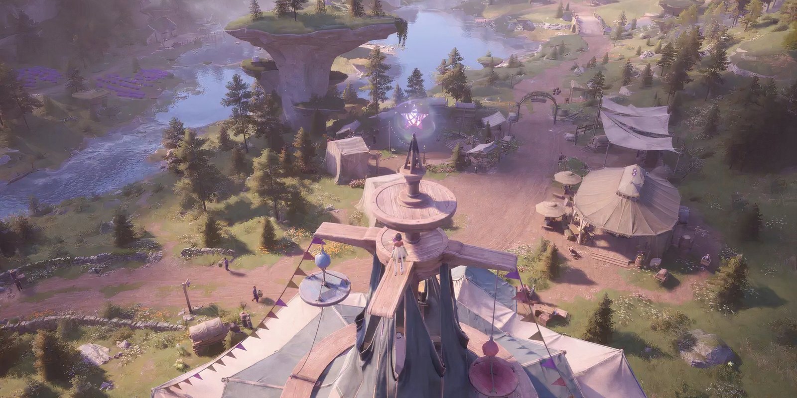 Infinity Nikki's Hidden Whimstars Are The Best Part Of The Game 2 An aerial view of the town of Stoneville, while Nikki stands on top of a tent looking at a Whimstar.
