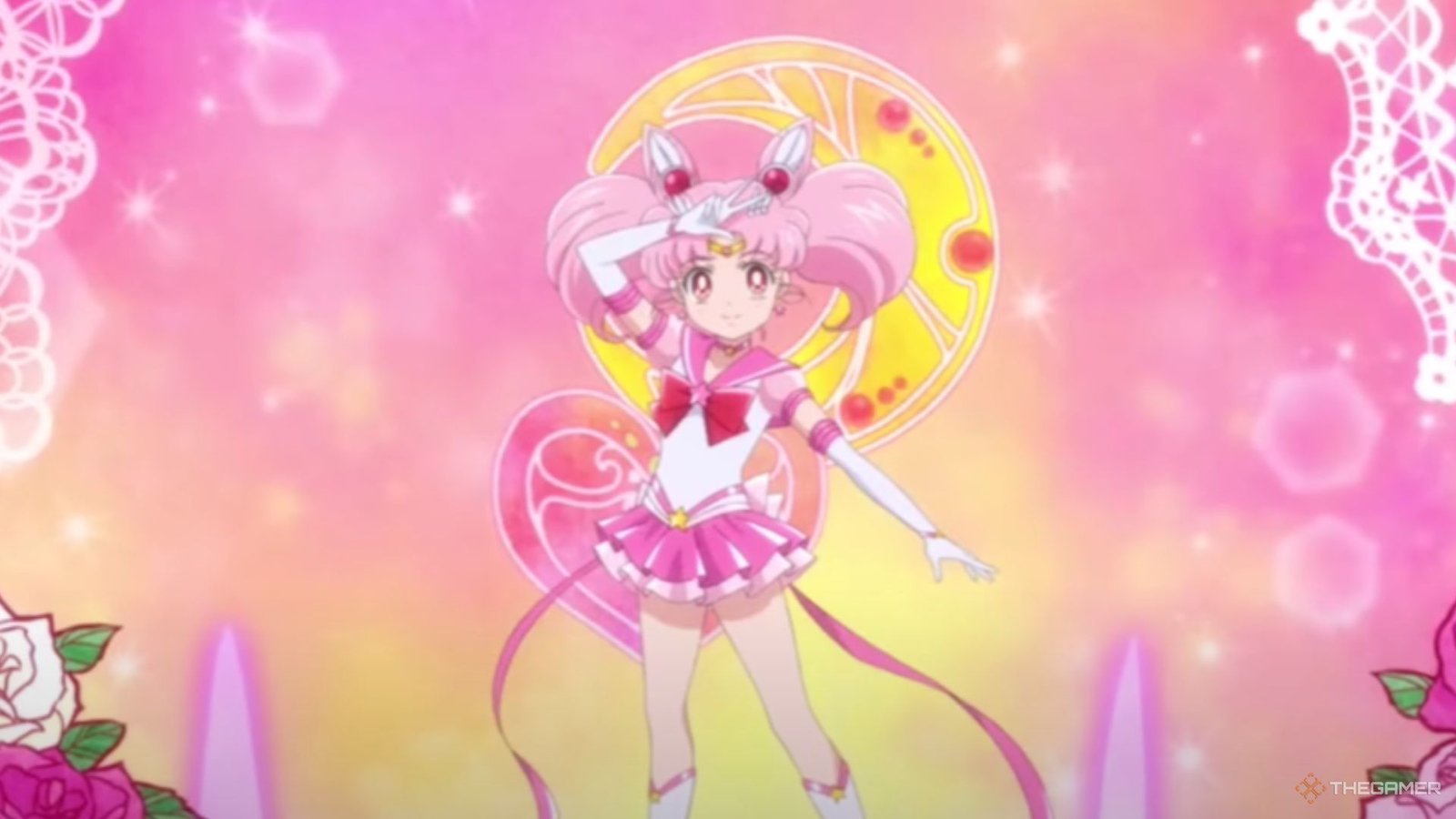Sailor Chibi Moon is in her transformation sequence.