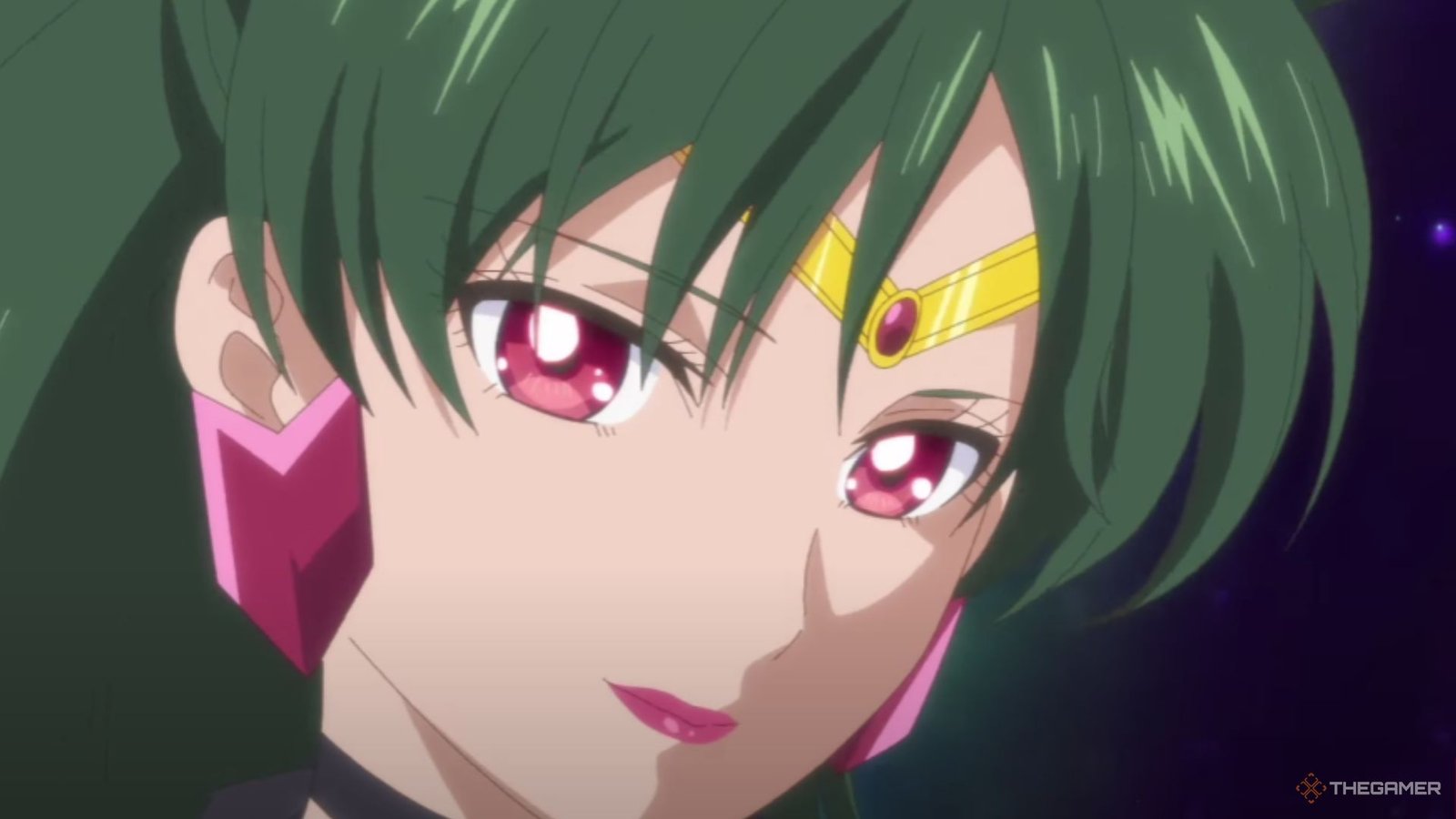 Sailor Pluto is in her transformation sequence.